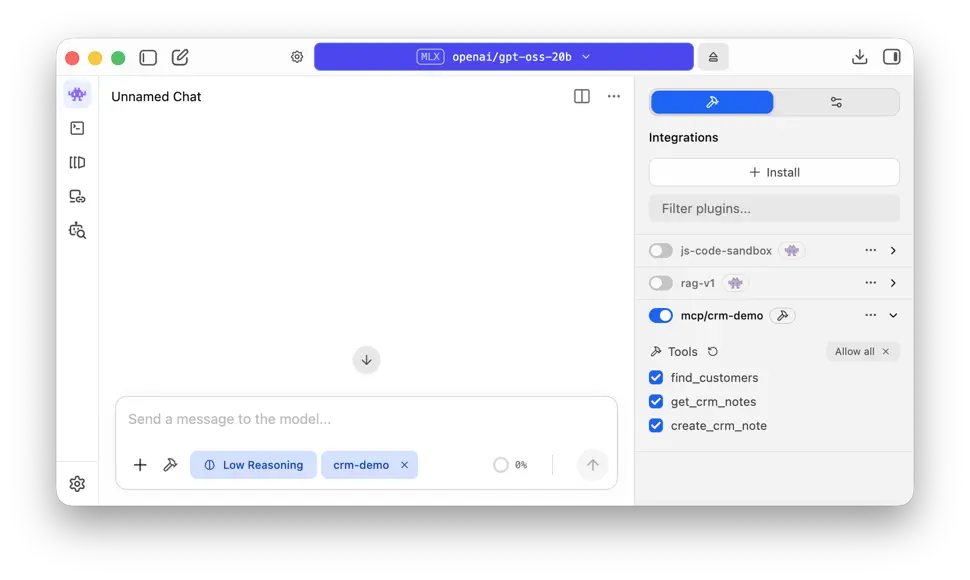 LM Studio’s Integrations panel showing the connected crm-demo MCP server and its three tools: find_customers, get_crm_notes, and create_crm_note.